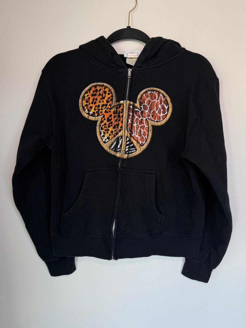 Vintage Disney Black Leopard Print Zip Up Hooded Sweatshirt 90’s Y2K Comfy